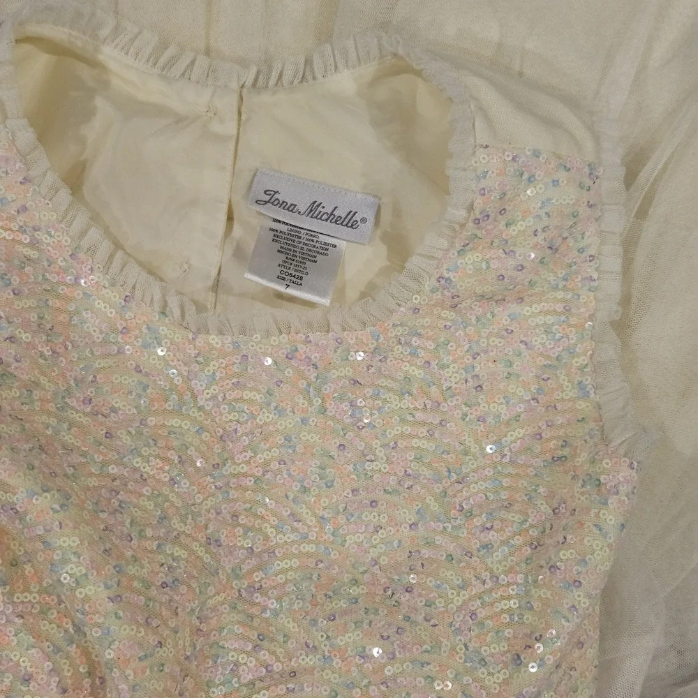 Jona Michelle Yellow Pastel Rainbow Sequins Easter Spring Tulle‎ Dress Size 7